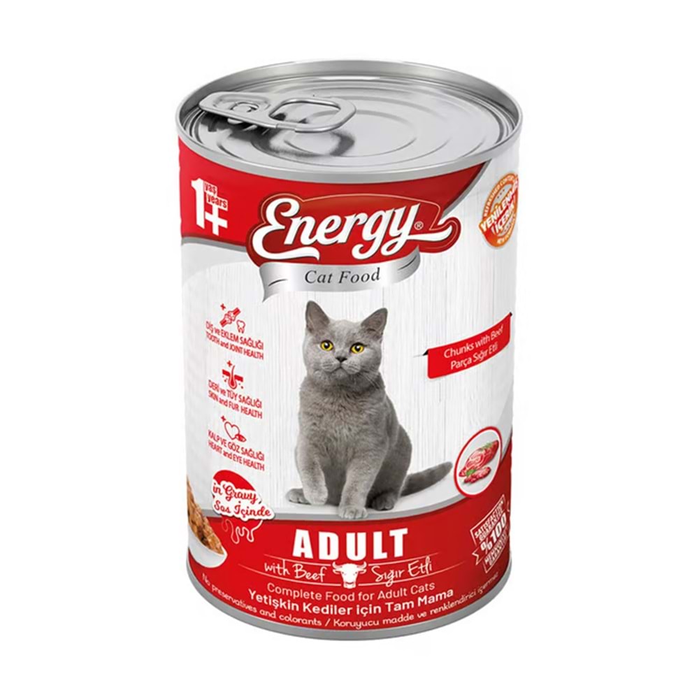 ENERGY C. F. KONSERVE SIĞIR ETLİ YETİŞKİN ISLAK KEDİ MAMASI 415 G*20Lİ