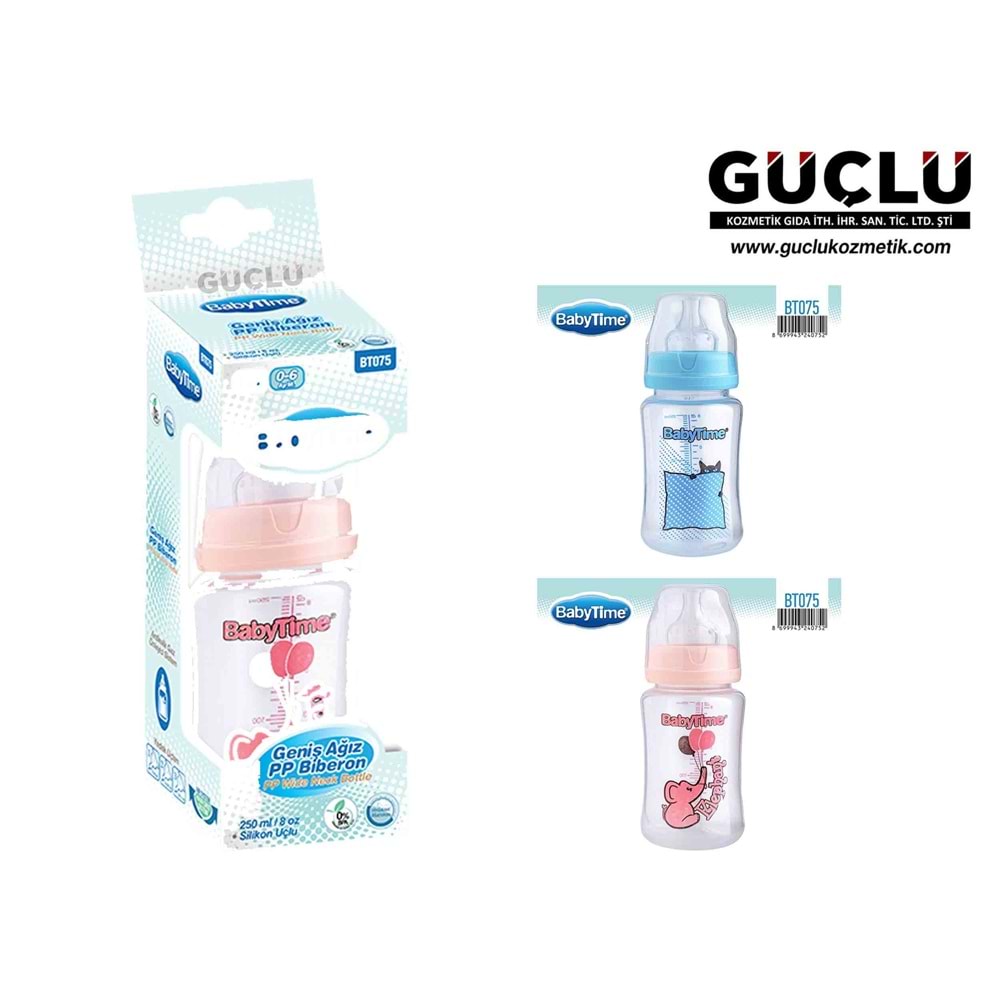 BABYTİME PP BİBERON GENİŞ AĞIZ (SİLİKON UÇLU) 250ML BT075*12Lİ