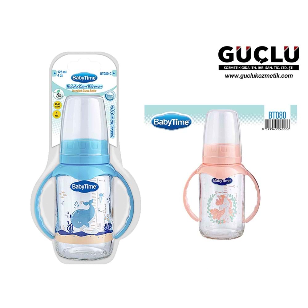 BABYTİME BİBERON CAM KULPLU (SİLİKON KİRAZ UÇLU) 125ML BT080*8Lİ