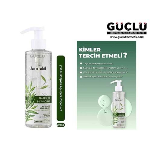 DERMOKİL YÜZ TEMİZLEME JELİ 200ML ÇAY AĞACI VE AKNE KARŞITI*12İ