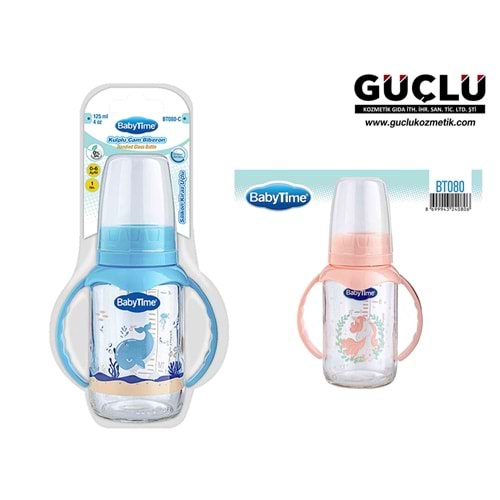 BABYTİME BİBERON CAM KULPLU (SİLİKON KİRAZ UÇLU) 125ML BT080*8Lİ