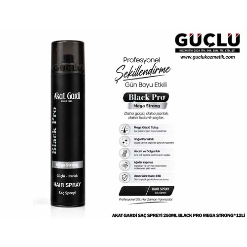 AKAT GARDİ SAÇ SPREYİ 250ML BLACK PRO MEGA STRONG*12Lİ