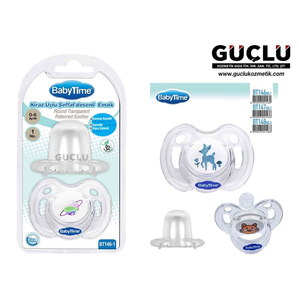 BABYTİME EMZİK ŞEFFAF DESENLI SİLİKON KİRAZ UÇLU KORUY.KAP N.3 BT148-3*18Lİ